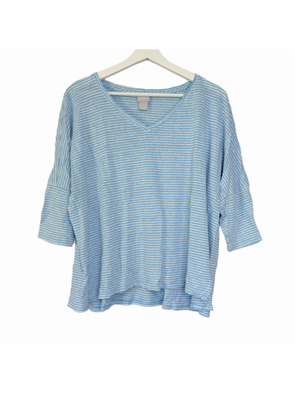 Chico's Linen Blue White Striped V-Neck Short Sleeve Tee Size Women's Size Large